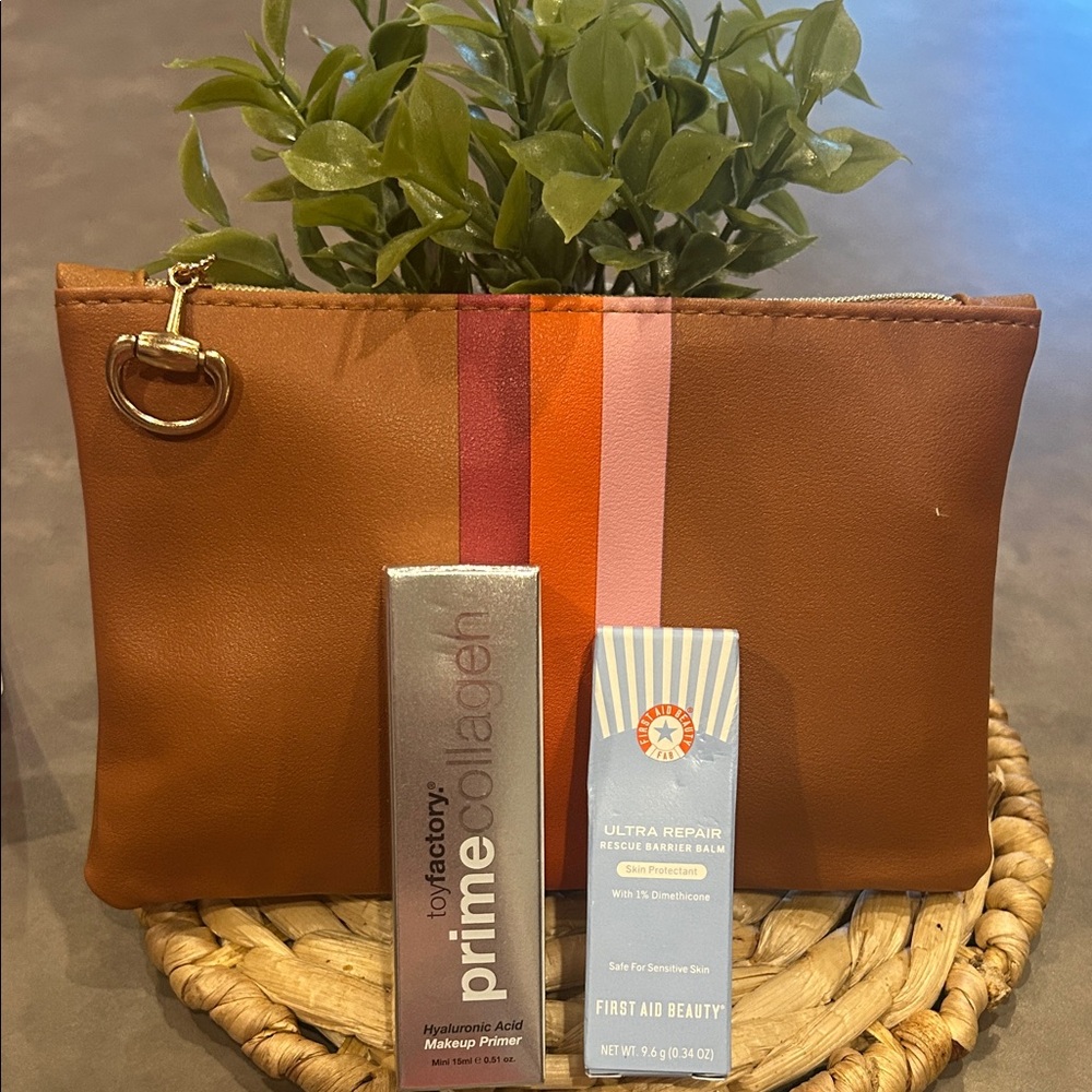 Ipsy Brown Clutch Cosmetic  toyfactory Primer & First Aid Beauty Ultra Repair